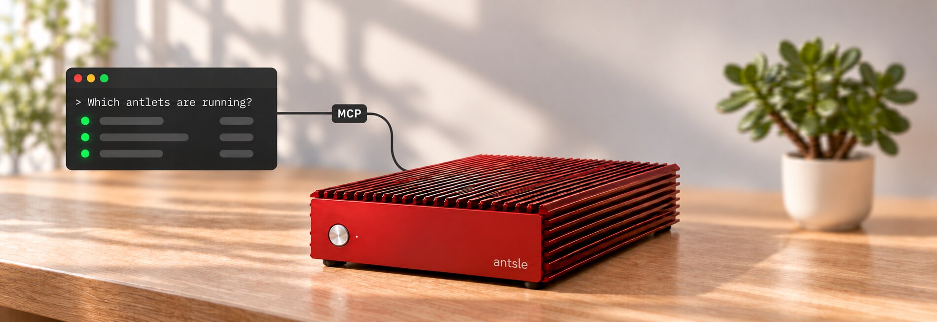 An MCP connection between a terminal asking which antlets are running and a red antsle server